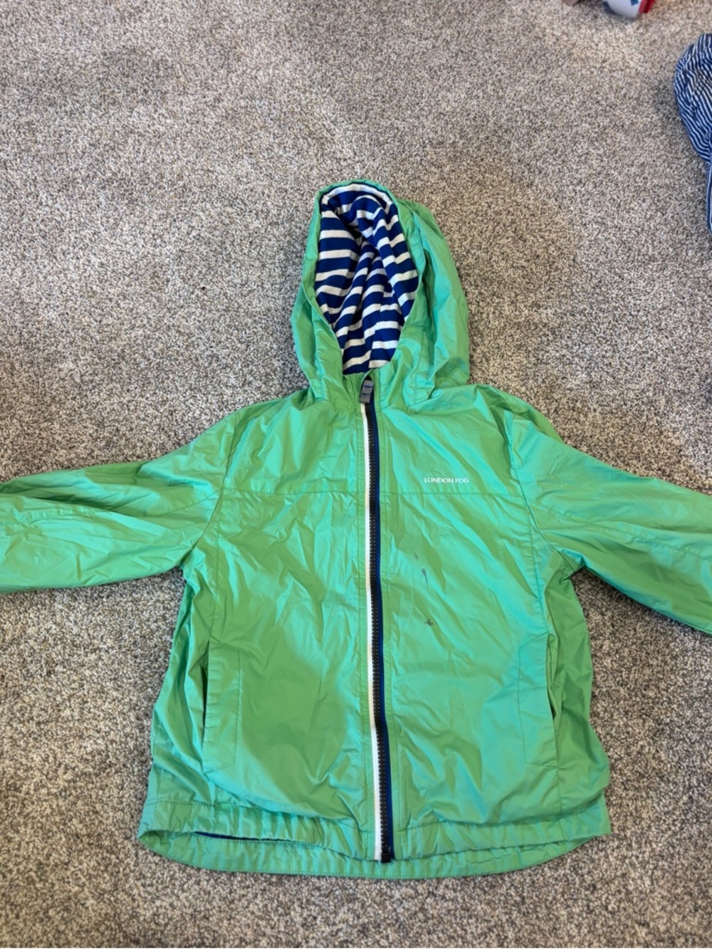 London Fog Bright Green Hooded Raincoat with Navy-White Striped Lining
